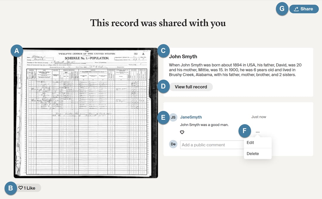 Example image of a record sharing page
